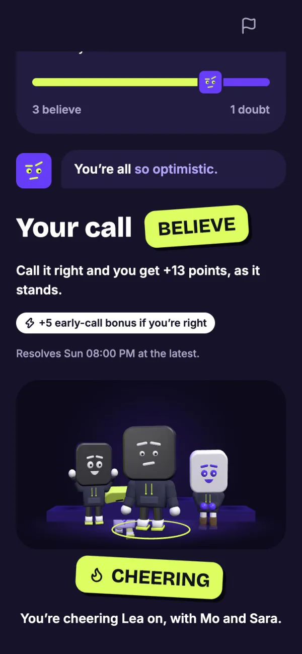 Lea’s plan: your call “Believe”, and below it the figures of everyone cheering Lea on.